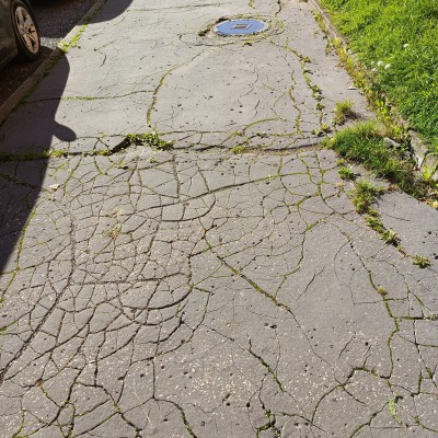 Rozpadající se chodník na ulici Erbenova 803 až 807